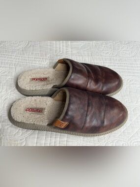 OLUKAI MUA'ILI Mens Sz 9 Dark Wood Silt Leather Slip On Shearling Mule Slippers